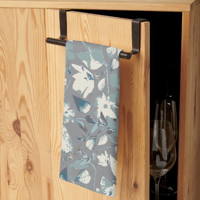 Linge De Cuisine Clematis Vine Gris Bleu Crème Aquarelle Florale (Pliage en tiers)