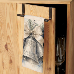 Linge De Cuisine Clochettes de Noël Élégantes en Argent Aquarelle