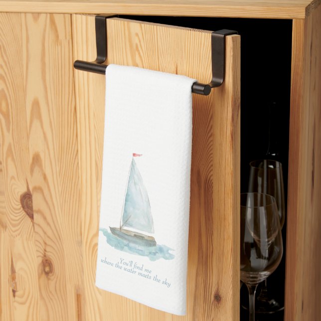 Linge De Cuisine Coastal Watercolor Sailboat  (Pliage en tiers)