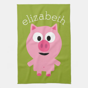 Linge De Cuisine Cochon de ferme en caricatures - rose et vert citr