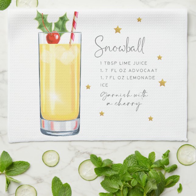 Linge De Cuisine Cocktail de Noël Snowball Recette Aquarelle (Plié)