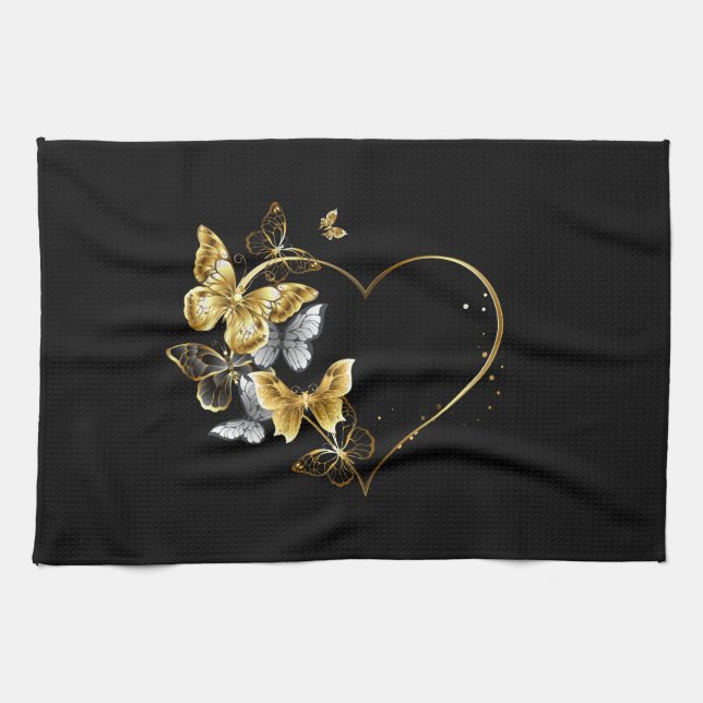 Linge De Cuisine Coeur aux papillons d'or (Horizontal)