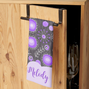 Linge De Cuisine Coeur gris violet blanc et nom floral