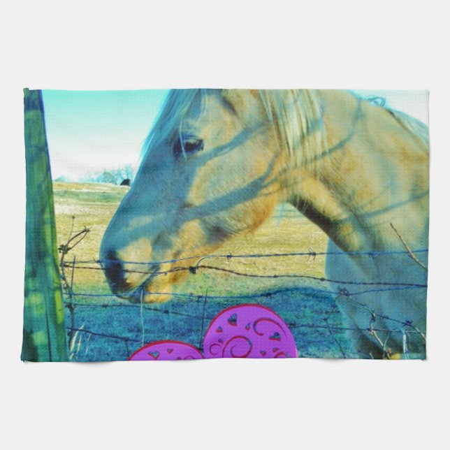 Linge De Cuisine Coeur rose et Cheval jaune (Horizontal)