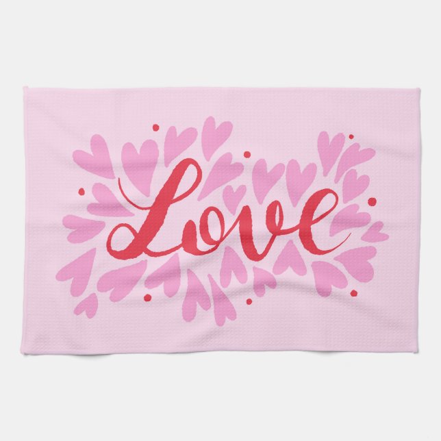 Linge De Cuisine Coeurs d'amour - rose et rouge (Horizontal)