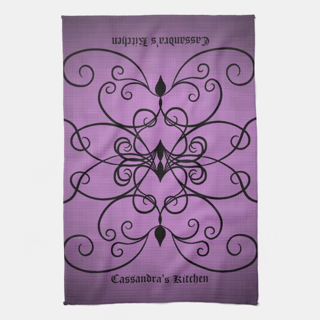 Linge De Cuisine Coeurs et tourbillons noirs et violets personnalis (Vertical)