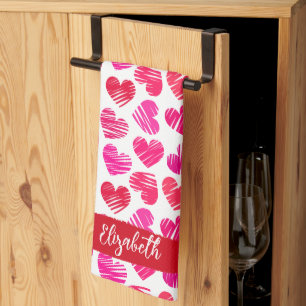 Linge De Cuisine Coeurs griffés rouges et roses modernes Valentine