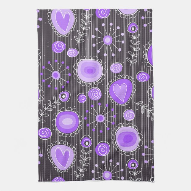 Linge De Cuisine Coeurs gris violet blanc et fleurs florales (Vertical)