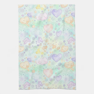 Linge De Cuisine Cœurs pastel et nuages Aquarelle Rêve (2)