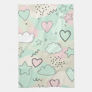 Linge De Cuisine Cœurs pastel et nuages Aquarelle Rêve (9)