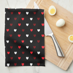 Linge De Cuisine Coeurs rouge et blanc sur noir