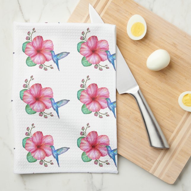 Linge De Cuisine Colibri à fleurs tropicales blanc (Quart Plié)