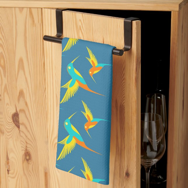 Linge De Cuisine Colibris exotiques Motif bleu  (Pliage en tiers)