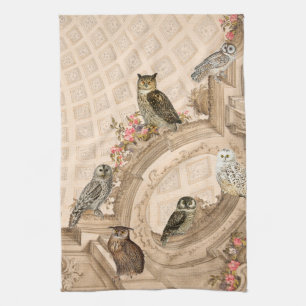Linge De Cuisine Collage de hibou vintage avec architecture florale