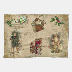 Linge De Cuisine Collage de Noël vintage rustique victorien