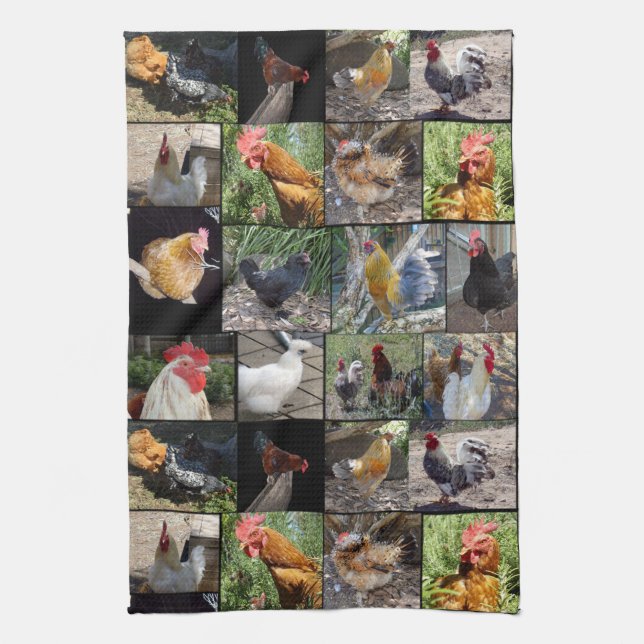 Linge De Cuisine Collage De Photos De Poulets Et De Coqs, (Vertical)