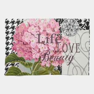 Linge De Cuisine Collage d'hortensia rose chic Art damassé vintage