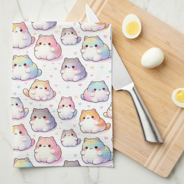 Linge De Cuisine Collection Chubby Cartoon Chat Avec Coeurs (Quart Plié)