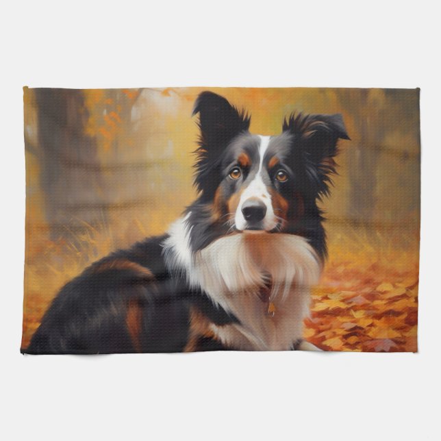 Linge De Cuisine Collie frontalier à l'automne Feuilles automne Ins (Horizontal)