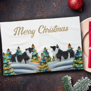 Linge De Cuisine Collie frontalier en hiver Forêt de neige Arbre de