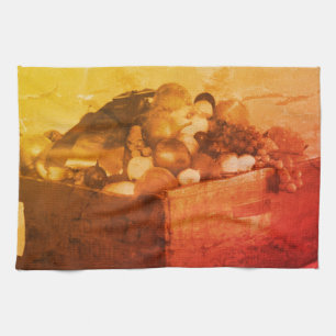 Linge De Cuisine Comté Fair Bleu Ruban Fruit À Sepia Vintage