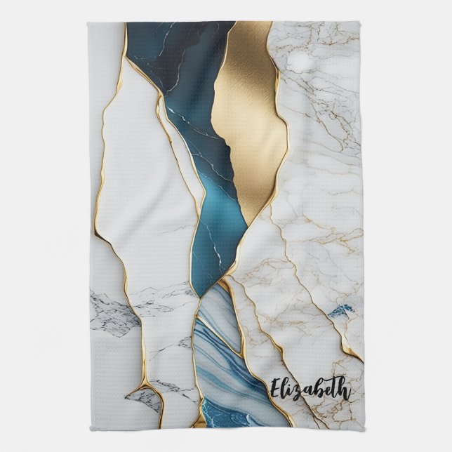 Linge De Cuisine Cool Blanc Turquoise Marbre Pierre Or (Vertical)