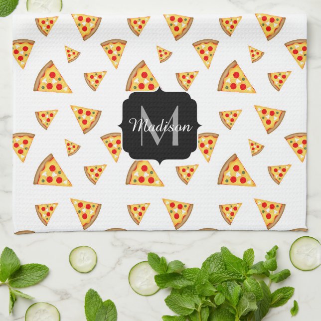 Linge De Cuisine Cool et fun pizza tranches motif Monogram blanc (Plié)