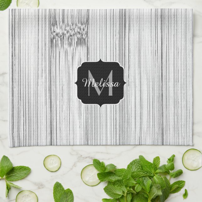 Linge De Cuisine Cool gris imprimé bois de bambou Monogramme (Plié)
