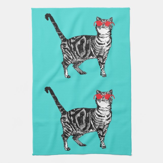 Linge De Cuisine Cool Tabby Chat Lunettes de soleil Aqua Kitchen Te (Vertical)