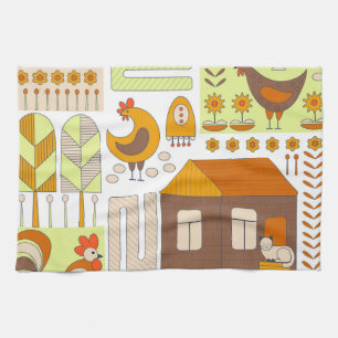 Linge De Cuisine Coq, poules, dessin géométrique floral.