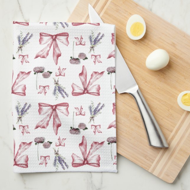Linge De Cuisine Coquette Bow et Floral Print - Rose doux (Quart Plié)