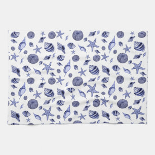 Linge De Cuisine Coquillages bleus et blancs