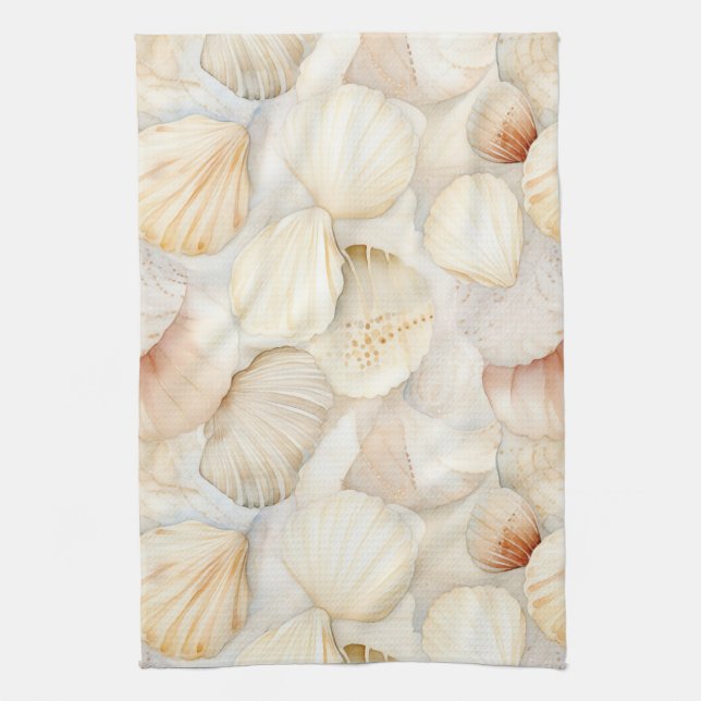 Linge De Cuisine Coquilles de Mer Crème Sable Ivoire Plage  (Vertical)