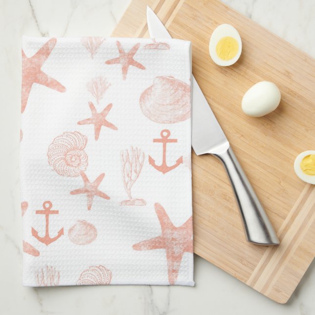 Linge De Cuisine Corail et coquillage blanc (Quart Plié)