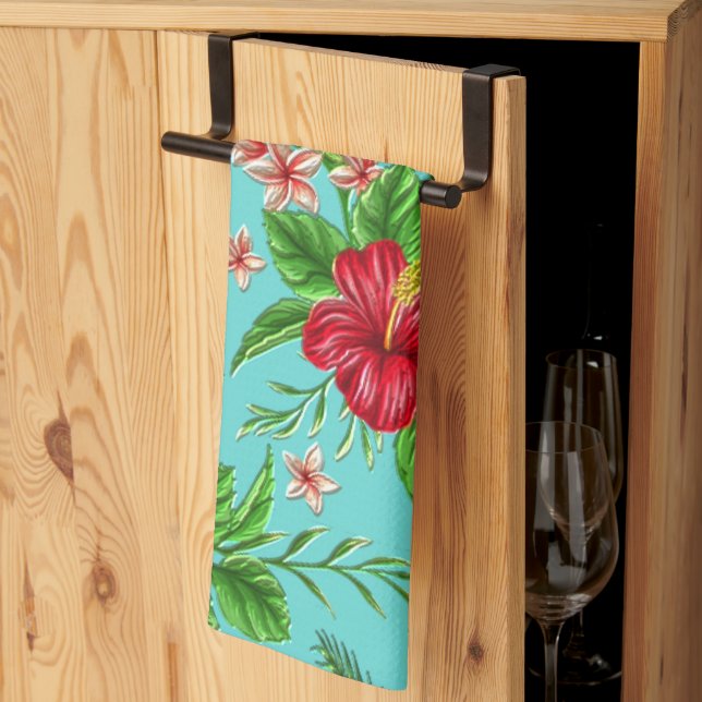 Linge De Cuisine Corail Tropical Hibiscus Fleur Sur Turquoise (Pliage en tiers)