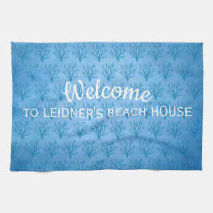 Linge De Cuisine Coraux bleu marine motif sur bleu