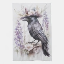 Corbeau Crow avec chapeau et fleurs Watercolor