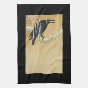 Linge De Cuisine Corbeau sur une branche d'arbre illustration vinta