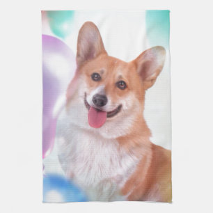 Linge De Cuisine Corgi de sourire avec des ballons