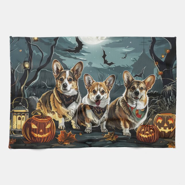Linge De Cuisine Corgi Halloween Éffrayant (Horizontal)