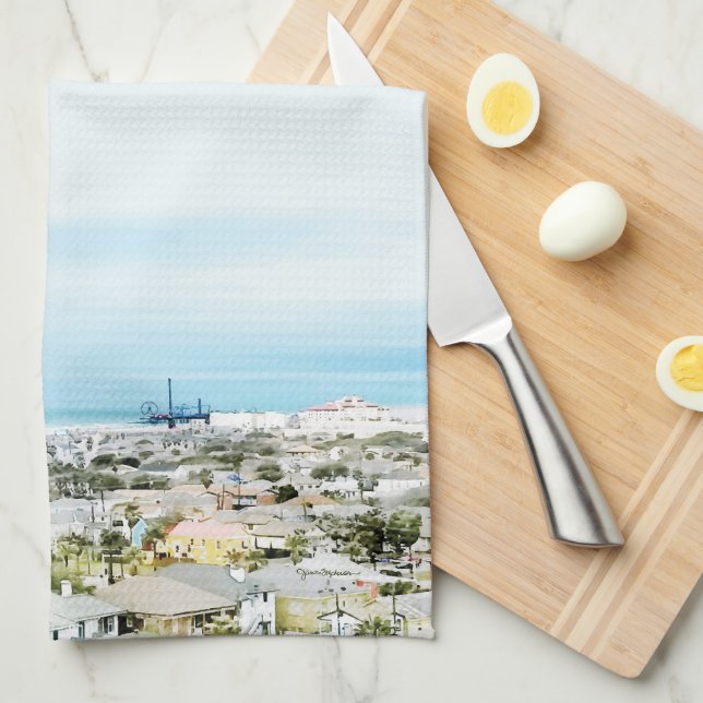 Linge De Cuisine Côte de Galveston, plage et vue sur la ville (Quart Plié)