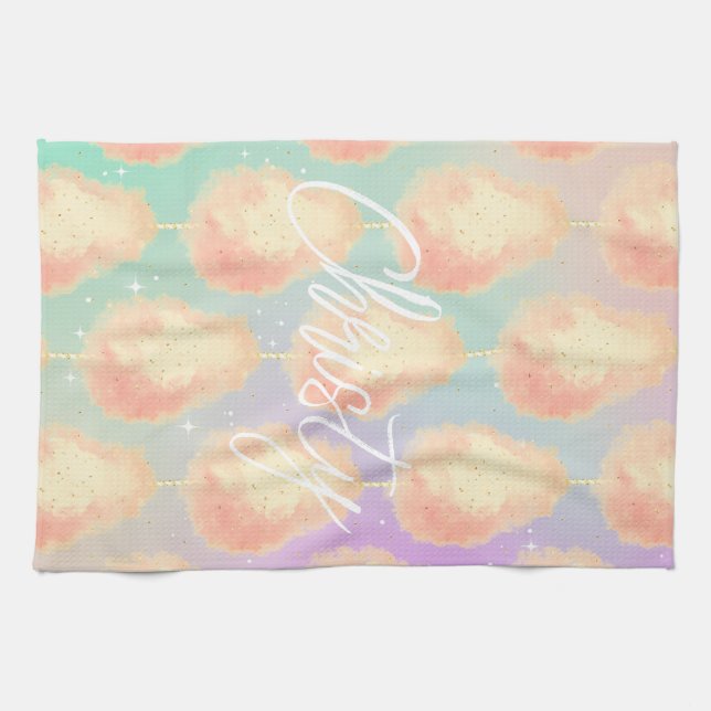 Linge De Cuisine Coton bonbon étoile poussière pêche turquoise viol (Horizontal)