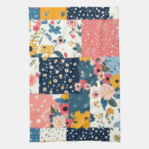 Linge De Cuisine Cottage Floral Patchwork Bleu Corail Éclectique