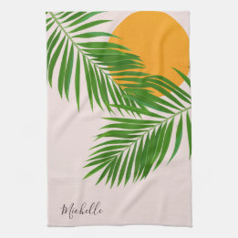 Linge De Cuisine Coucher de soleil tropical rétro Feuilles de palmi