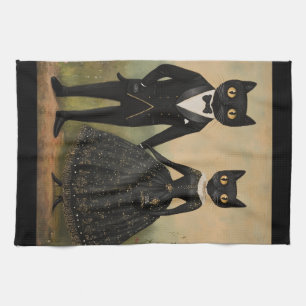 Linge De Cuisine Couple de chats noirs art folklorique vintage goth