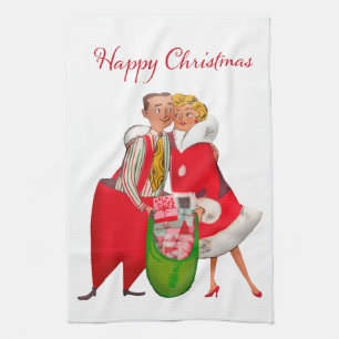 Linge De Cuisine Couple Vintage 1950 avec sac cadeau de Noël