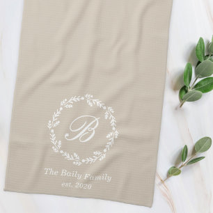 Linge De Cuisine Couronne d'hiver bleue et beige avec monogramme du
