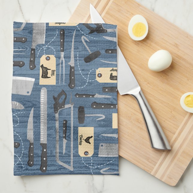 Linge De Cuisine Couteaux Bleus Bouchers (Quart Plié)