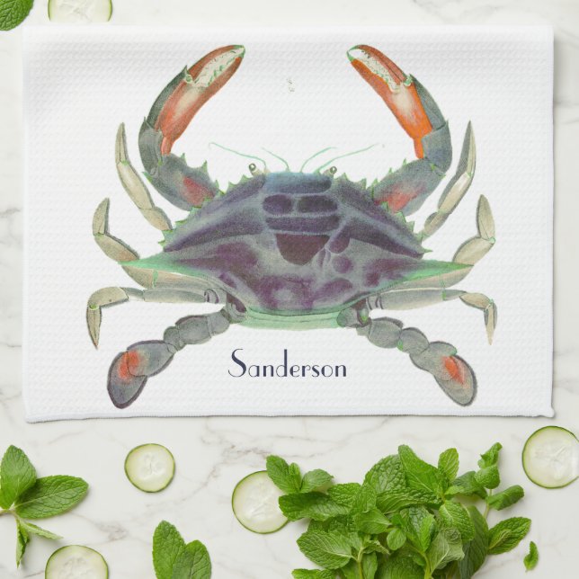 Linge De Cuisine Crabe bleu et vert gris marine (Plié)