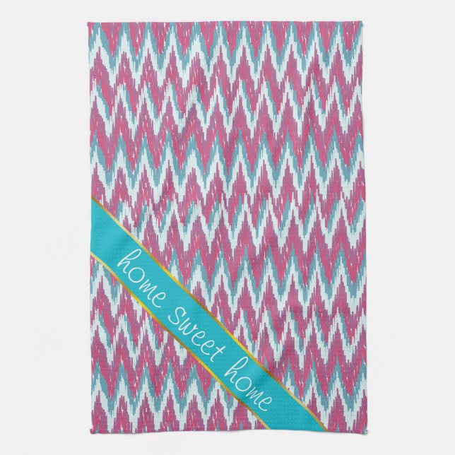 Linge De Cuisine Cranberry et Turquoise Motif iKat ZigZag (Vertical)